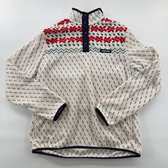 Lands’ End Fleece Snap Pullover Sweater White Red Green Fair Isle Women’s M - Picture 1 of 6
